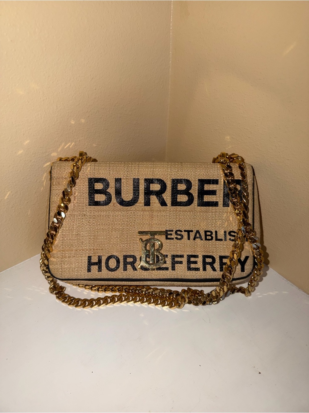 Burberry Beige Canvas TB Logo Shoulder Bag with Gold Chain Strap